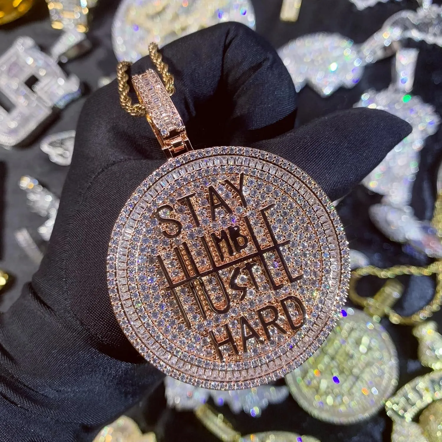 ICEDIAMOND 14K Iced Out Super Bling Round Coin Pendant Chain Necklace, Gold Plated Full Shiny CZ Diamond Encourage Charm Hip Hop Jewelry for Men Women