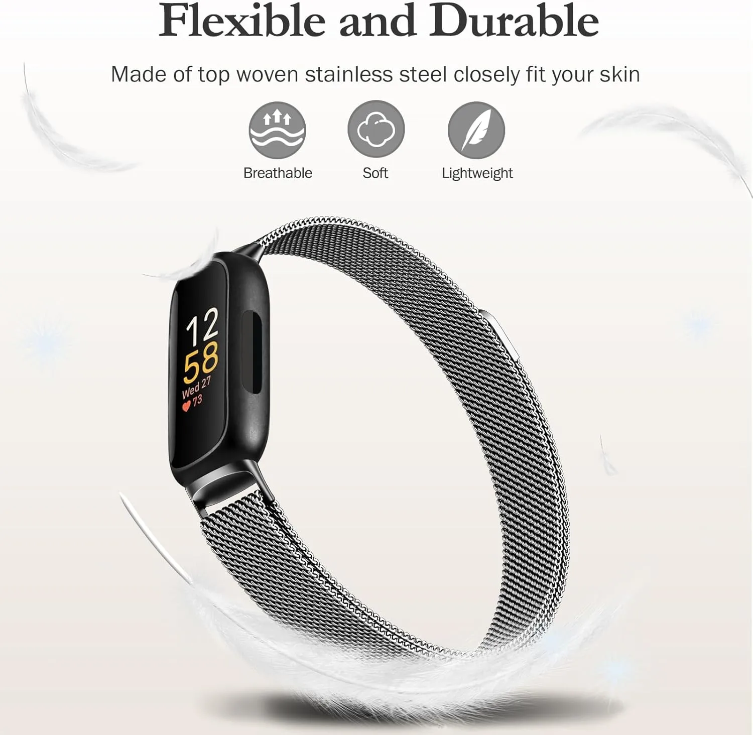 JKD Metal Bands Compatible with Fitbit Inspire 3 Bands for Women Men, Soft Stainless Steel Band Mesh Loop Strap Replacement Magnetic Wristband Accessories for Fitbit Inspire 3 Fitness Tracker
