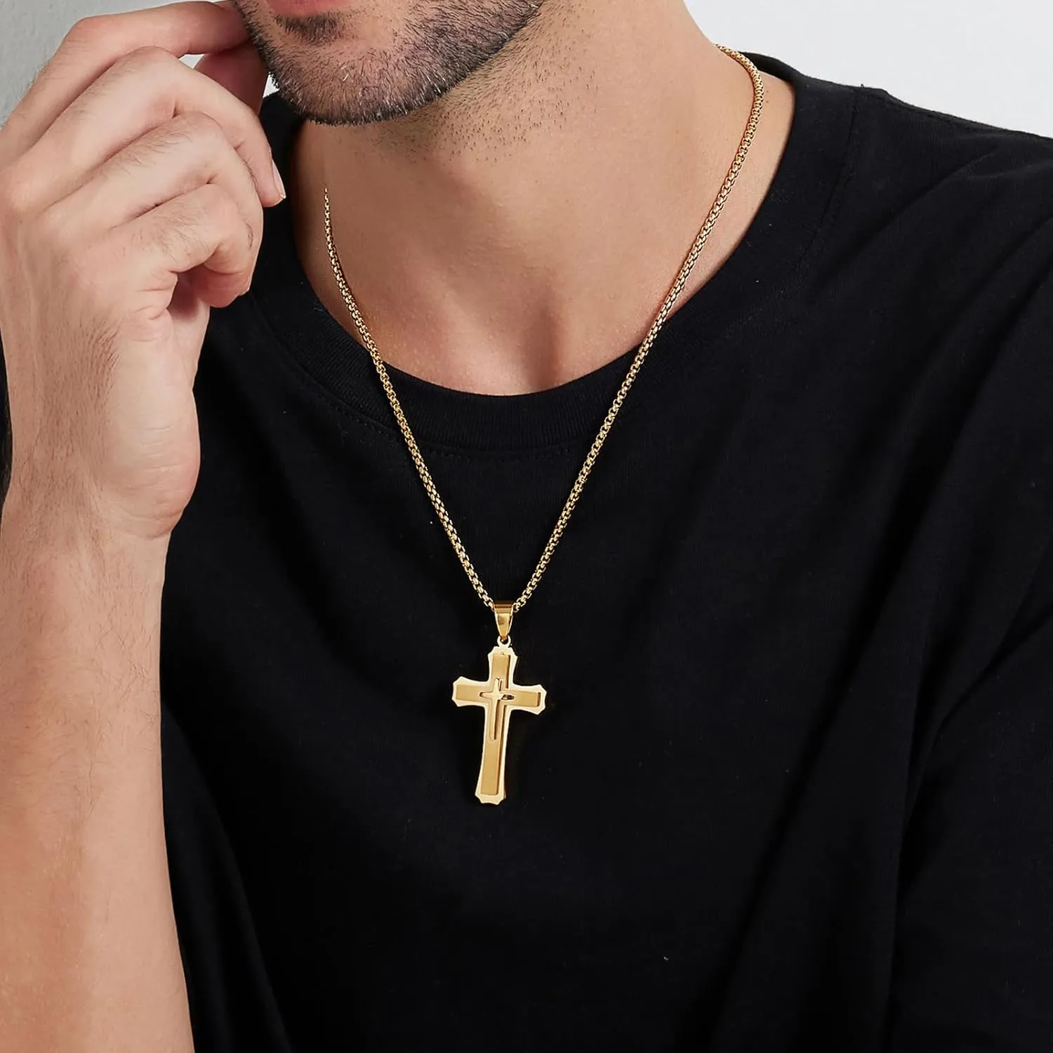 Large Cross Necklace for Men 316L Stainless Steel Cross Pendant Jesus Christ Cross Jewelry White/Golden/Black, with Rolo Chain 22/24/26 Inch