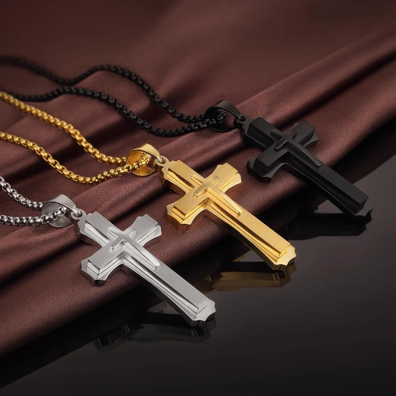 Large Cross Necklace for Men 316L Stainless Steel Cross Pendant Jesus Christ Cross Jewelry White/Golden/Black, with Rolo Chain 22/24/26 Inch