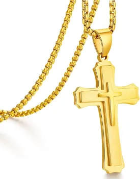 Large Cross Necklace for Men 316L Stainless Steel Cross Pendant Jesus Christ Cross Jewelry White/Golden/Black, with Rolo Chain 22/24/26 Inch