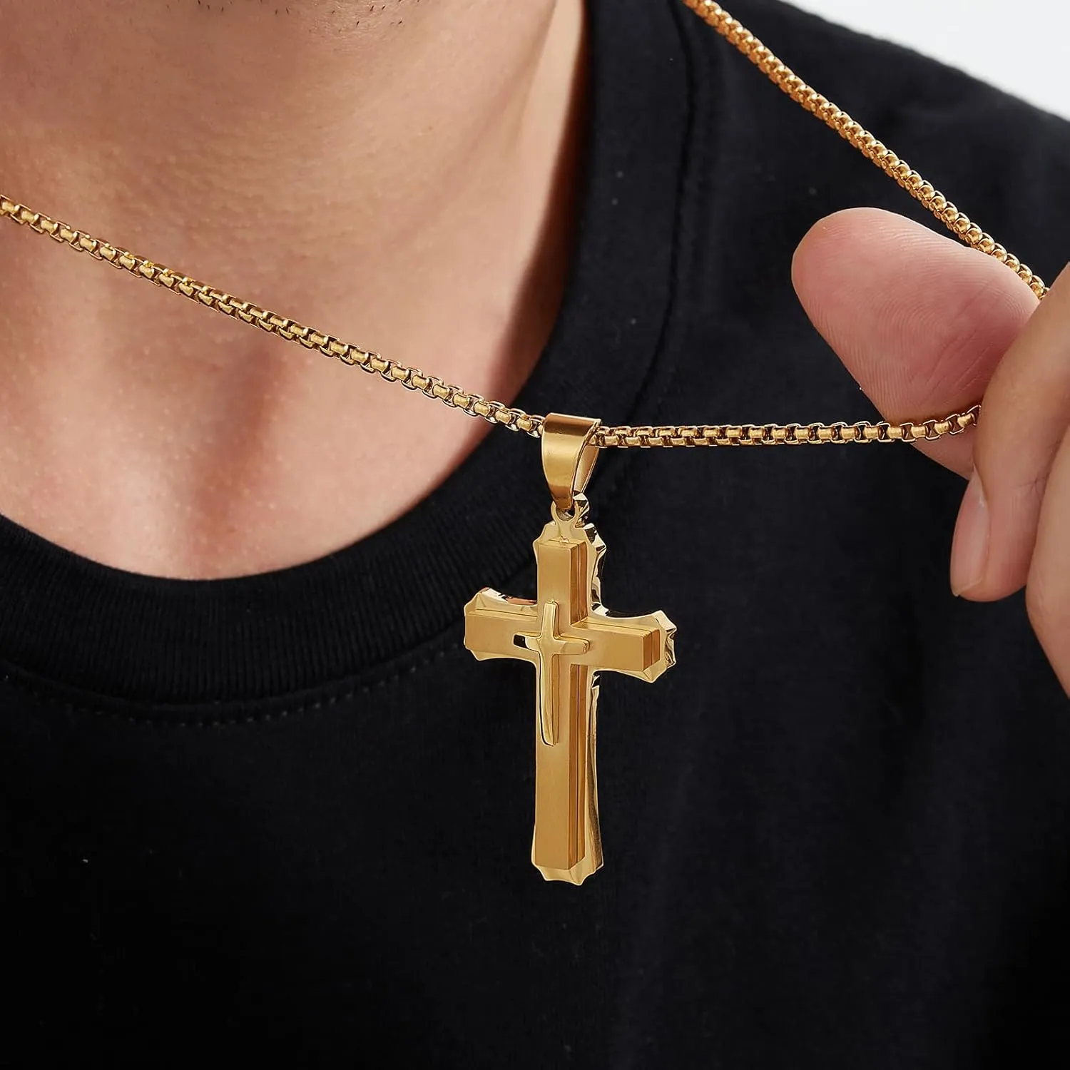 Large Cross Necklace for Men 316L Stainless Steel Cross Pendant Jesus Christ Cross Jewelry White/Golden/Black, with Rolo Chain 22/24/26 Inch