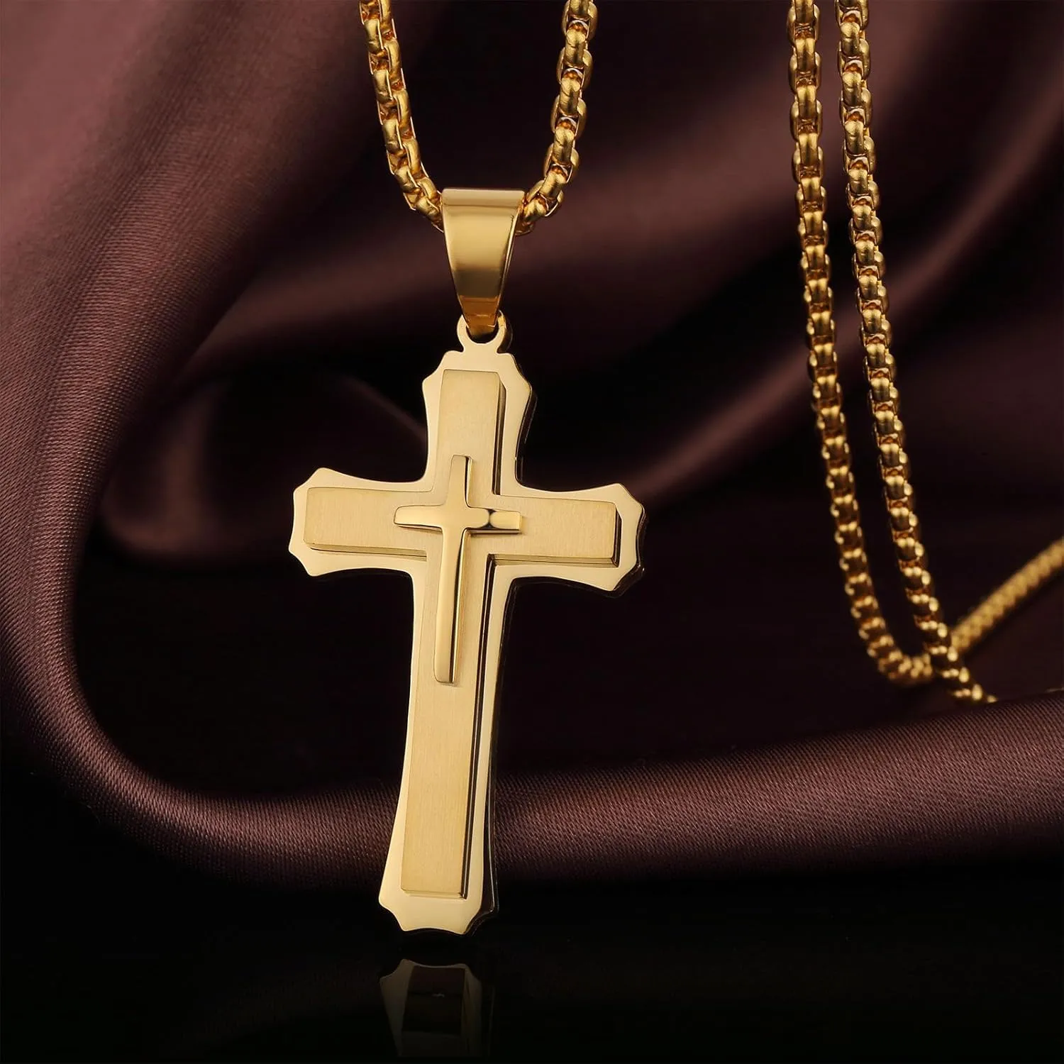 Large Cross Necklace for Men 316L Stainless Steel Cross Pendant Jesus Christ Cross Jewelry White/Golden/Black, with Rolo Chain 22/24/26 Inch