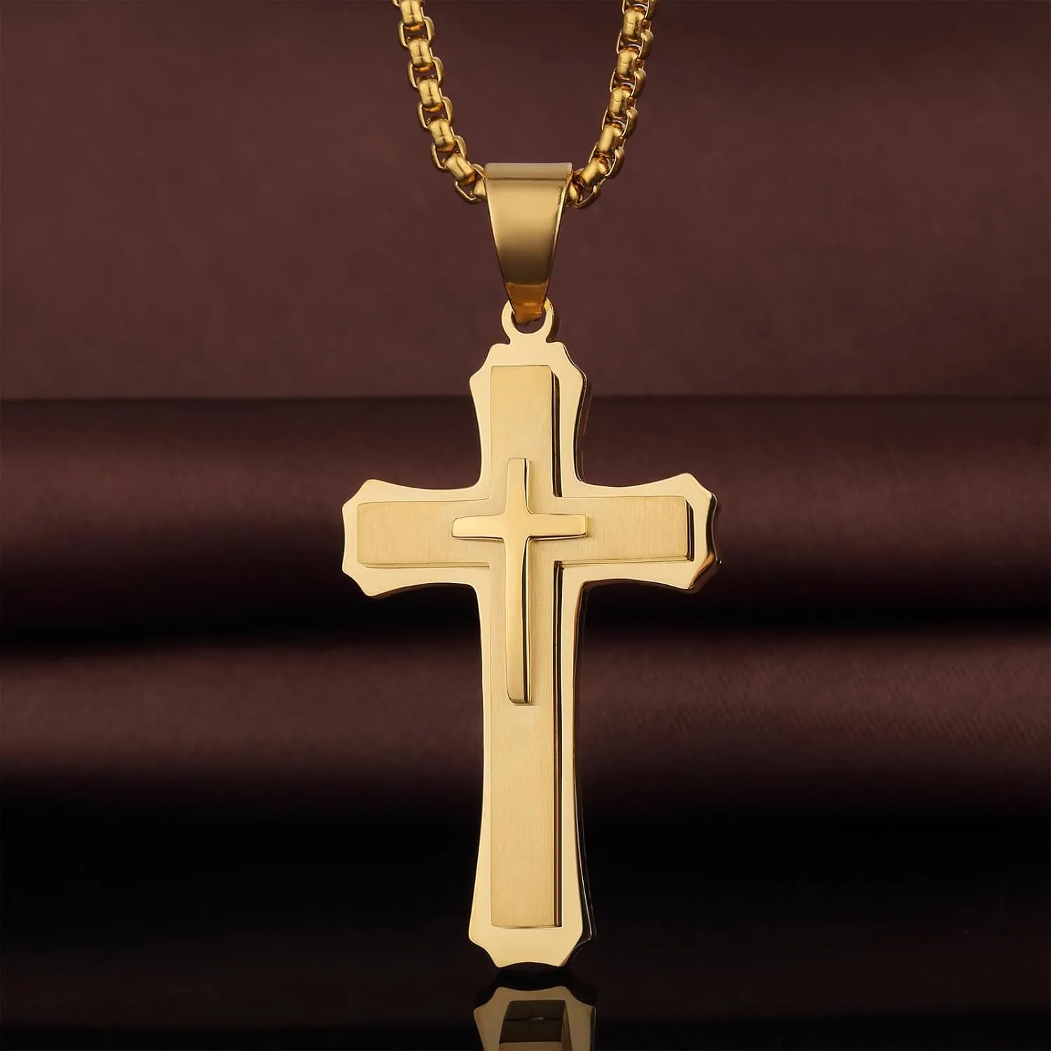 Large Cross Necklace for Men 316L Stainless Steel Cross Pendant Jesus Christ Cross Jewelry White/Golden/Black, with Rolo Chain 22/24/26 Inch