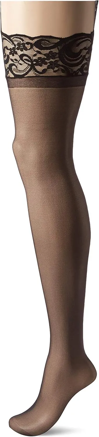Leg Avenue Women's Lace Top Opaque Stockings With Attached High Waist Lace Garter Belt, O/S, Black