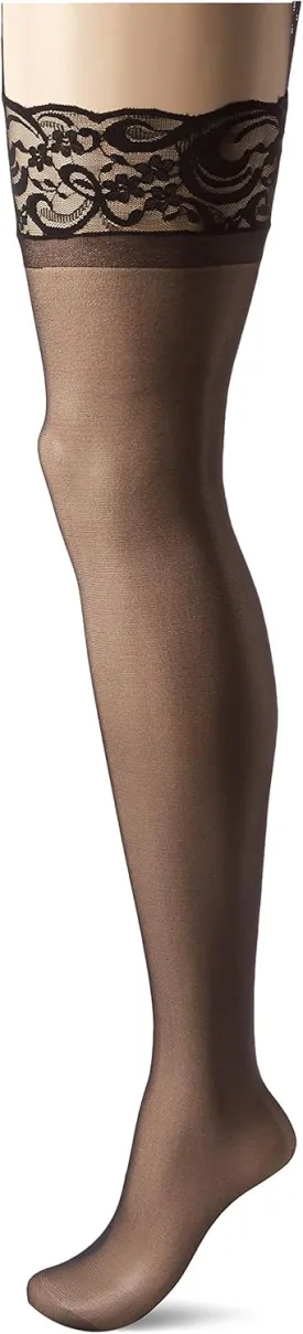 Leg Avenue Women's Lace Top Opaque Stockings With Attached High Waist Lace Garter Belt, O/S, Black