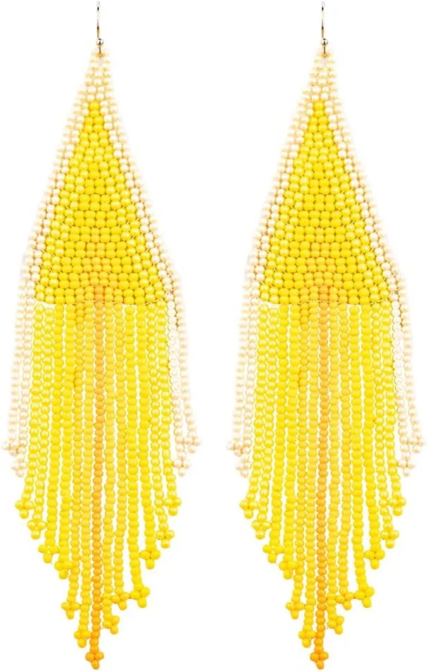 Long Beaded Tassel Earrings - Big Bohemian Statement Native Beaded Fringe Dangle Earrings for Women, Large Boho Handmade Bead Chandelier Drop Earrings