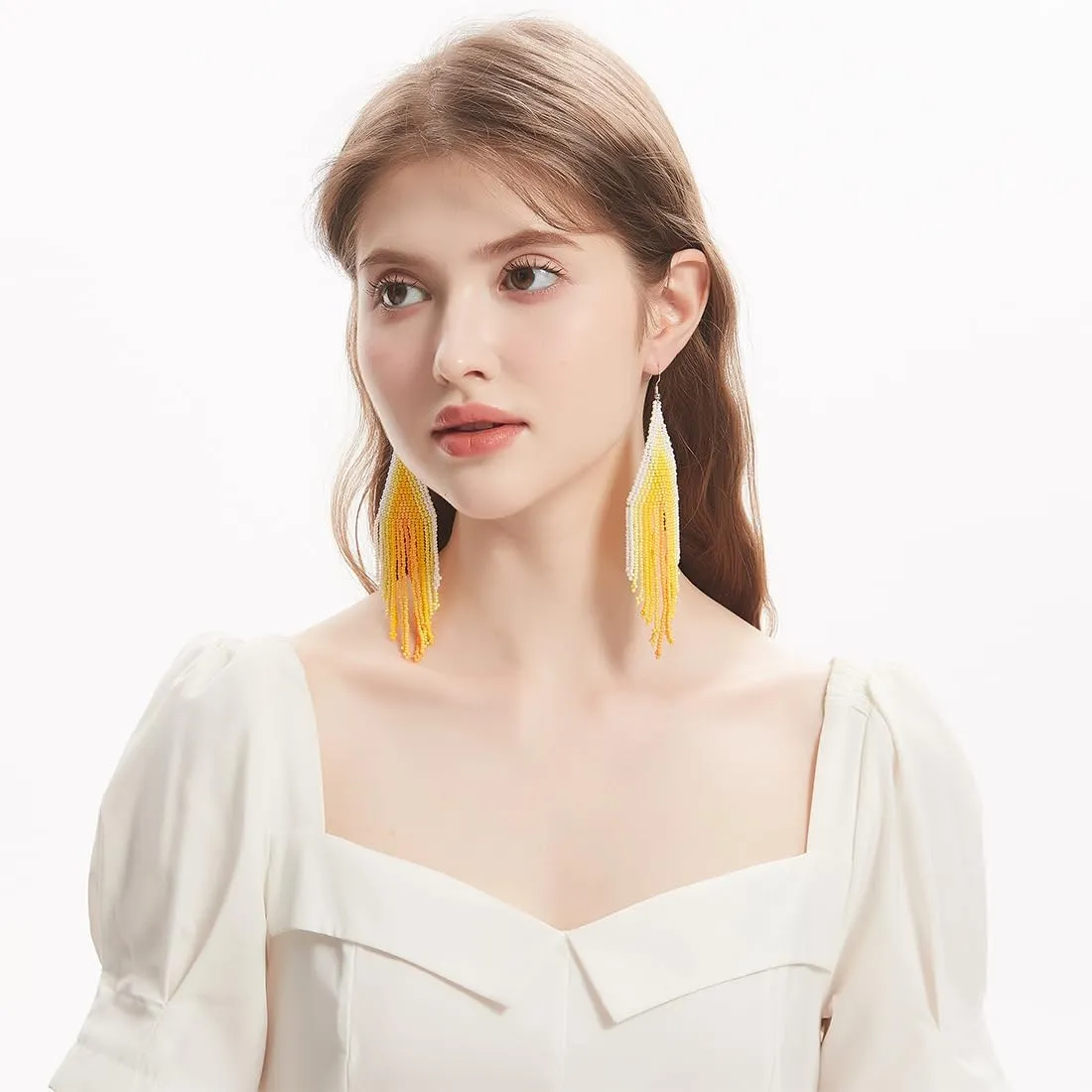 Long Beaded Tassel Earrings - Big Bohemian Statement Native Beaded Fringe Dangle Earrings for Women, Large Boho Handmade Bead Chandelier Drop Earrings