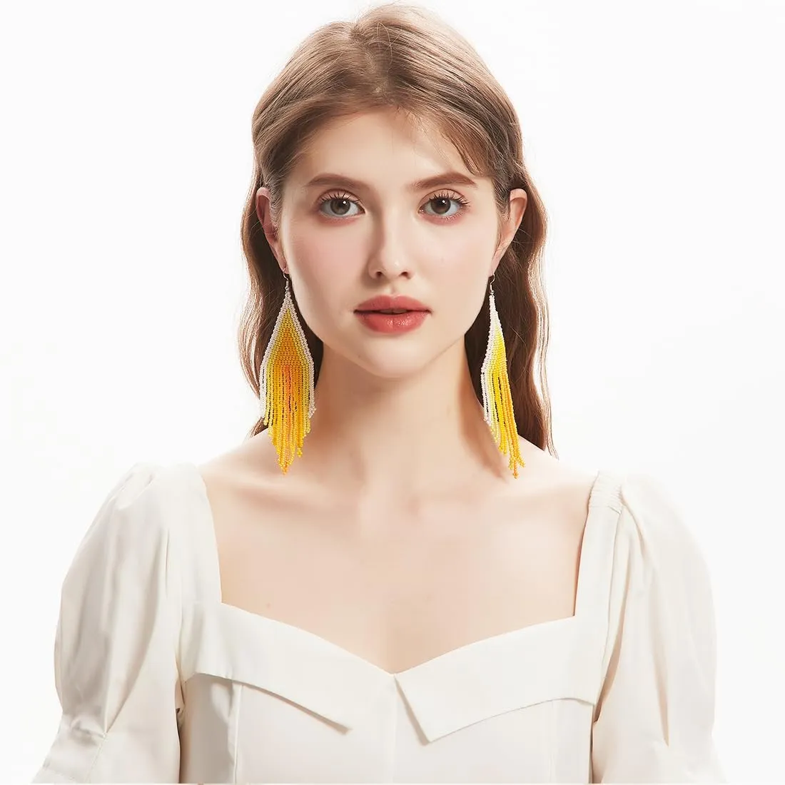 Long Beaded Tassel Earrings - Big Bohemian Statement Native Beaded Fringe Dangle Earrings for Women, Large Boho Handmade Bead Chandelier Drop Earrings