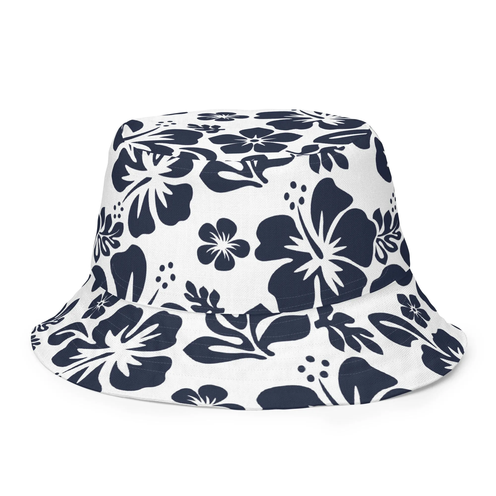 Navy Blue and White Hawaiian Flowers Reversible Bucket Hat