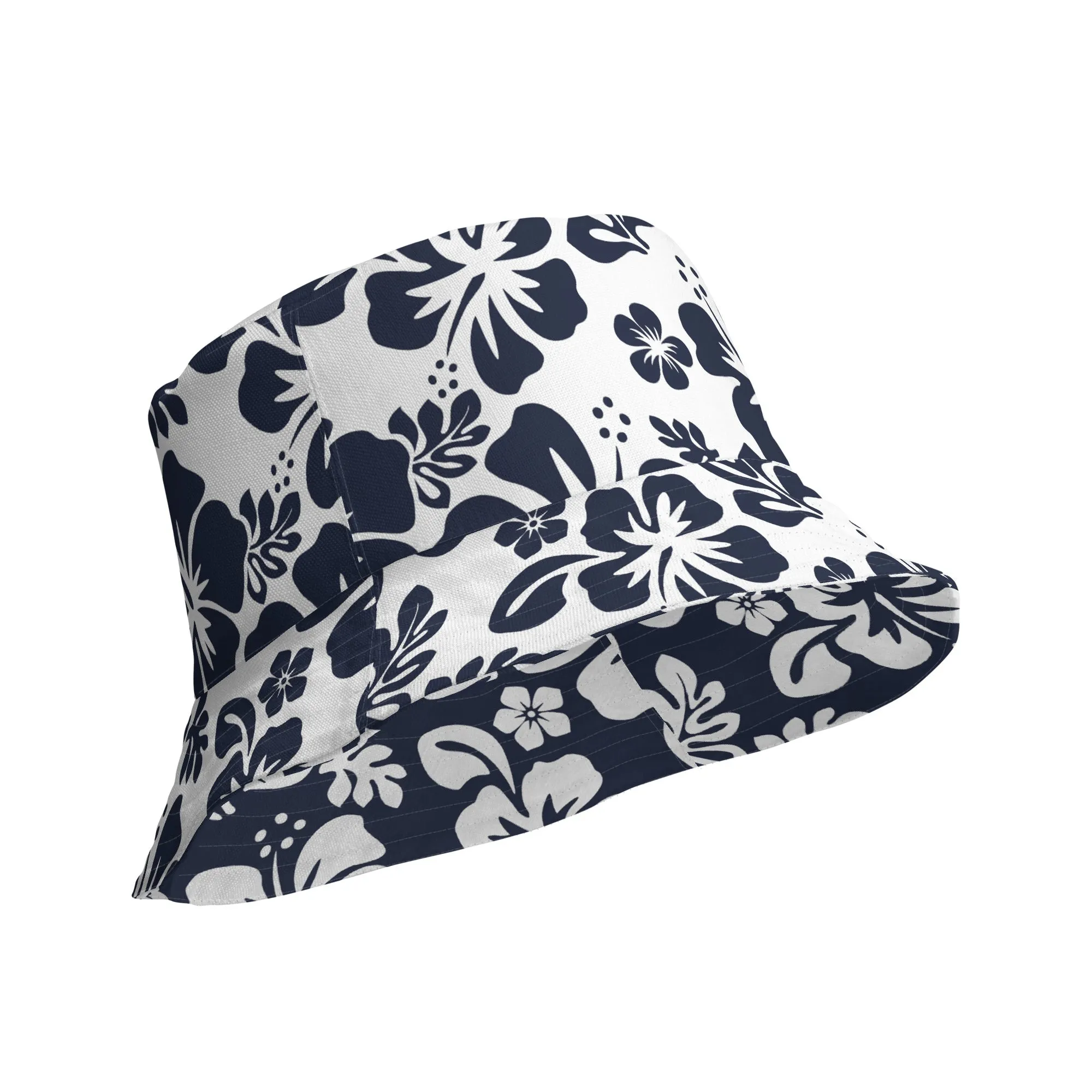 Navy Blue and White Hawaiian Flowers Reversible Bucket Hat