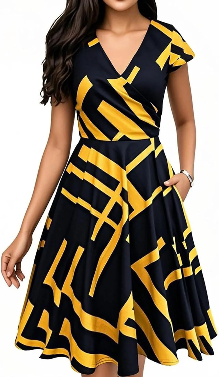 oxiuly Women's Vintage Dot V-Neck Cap Sleeve Casual Pockets Swing Tea Dress OX296