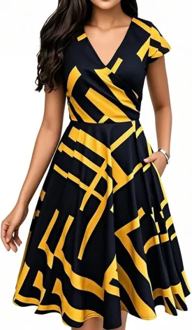 oxiuly Women's Vintage Dot V-Neck Cap Sleeve Casual Pockets Swing Tea Dress OX296
