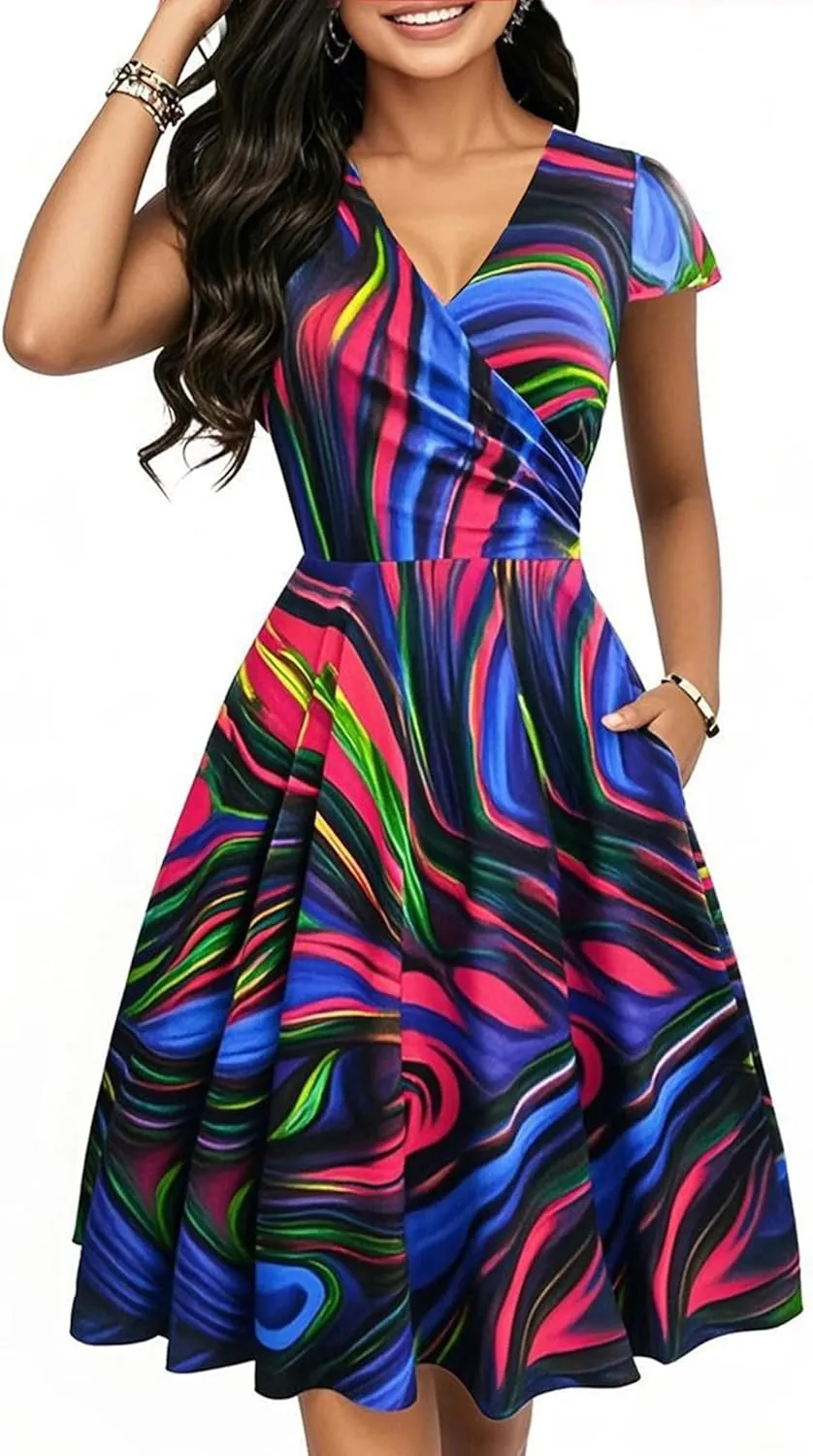 oxiuly Women's Vintage Dot V-Neck Cap Sleeve Casual Pockets Swing Tea Dress OX296