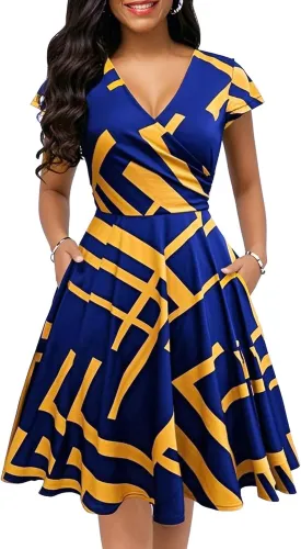 oxiuly Women's Vintage Dot V-Neck Cap Sleeve Casual Pockets Swing Tea Dress OX296