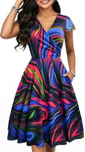 oxiuly Women's Vintage Dot V-Neck Cap Sleeve Casual Pockets Swing Tea Dress OX296