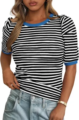PRETTYGARDEN Women's Summer Puff Sleeve Tops Casual Ribbed Knit Crop Top Color Block Trendy Crewneck Striped Shirts
