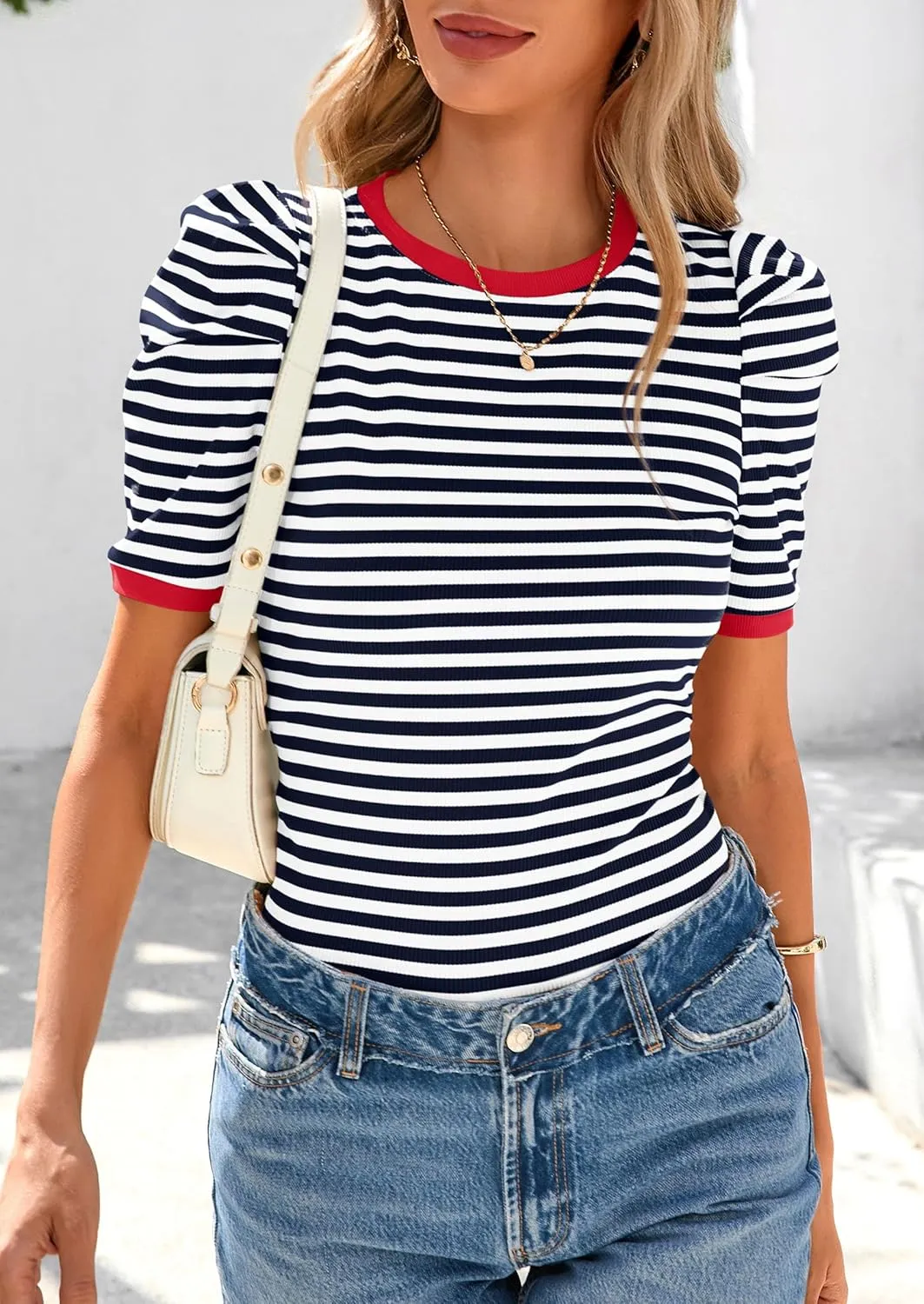 PRETTYGARDEN Women's Summer Puff Sleeve Tops Casual Ribbed Knit Crop Top Color Block Trendy Crewneck Striped Shirts