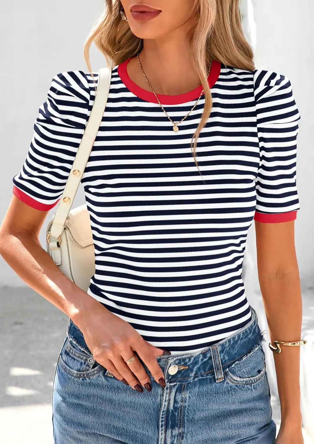 PRETTYGARDEN Women's Summer Puff Sleeve Tops Casual Ribbed Knit Crop Top Color Block Trendy Crewneck Striped Shirts