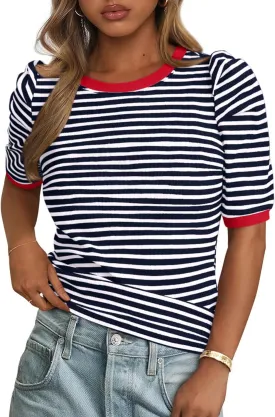 PRETTYGARDEN Women's Summer Puff Sleeve Tops Casual Ribbed Knit Crop Top Color Block Trendy Crewneck Striped Shirts