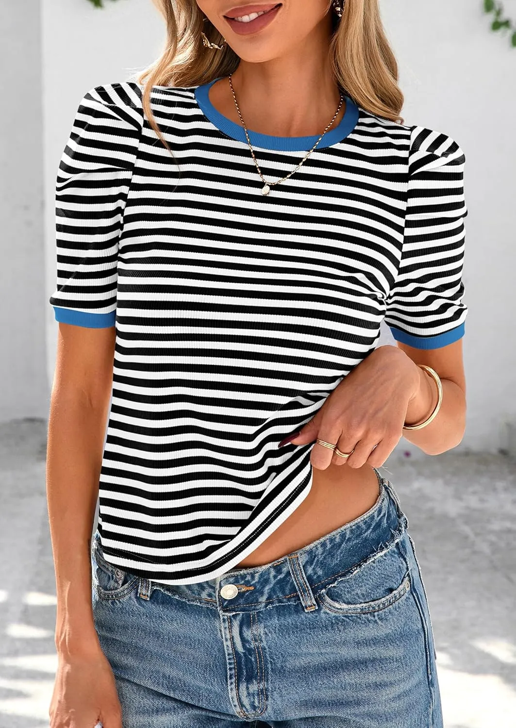 PRETTYGARDEN Women's Summer Puff Sleeve Tops Casual Ribbed Knit Crop Top Color Block Trendy Crewneck Striped Shirts