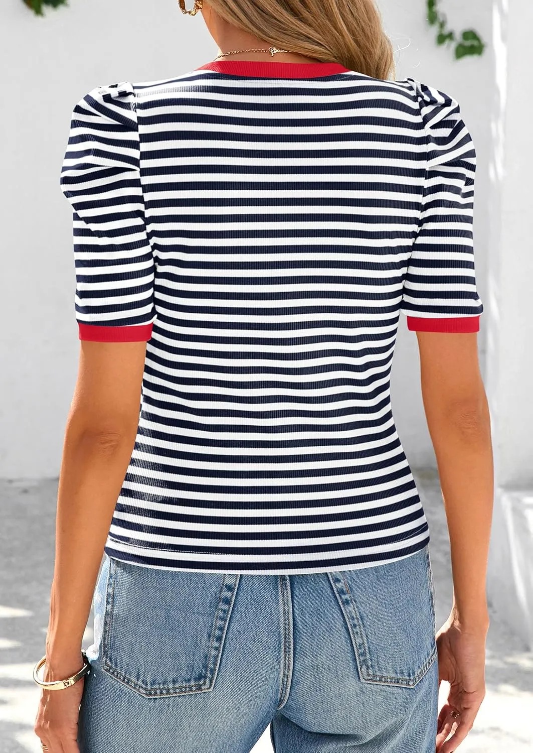 PRETTYGARDEN Women's Summer Puff Sleeve Tops Casual Ribbed Knit Crop Top Color Block Trendy Crewneck Striped Shirts