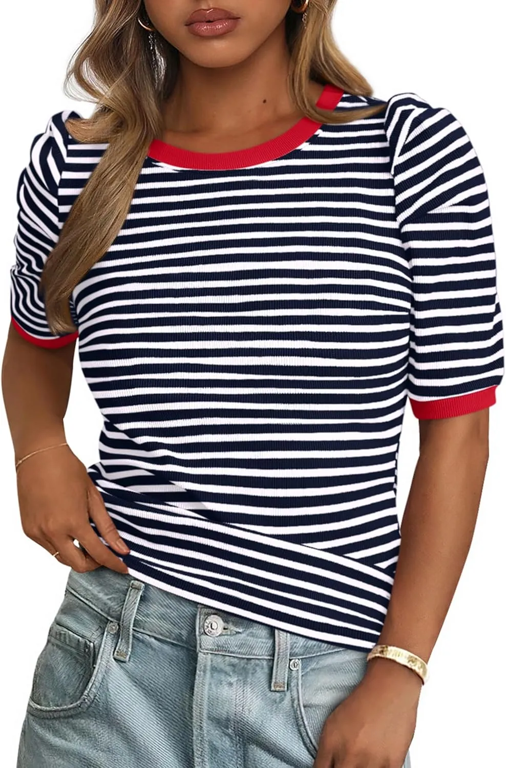 PRETTYGARDEN Women's Summer Puff Sleeve Tops Casual Ribbed Knit Crop Top Color Block Trendy Crewneck Striped Shirts