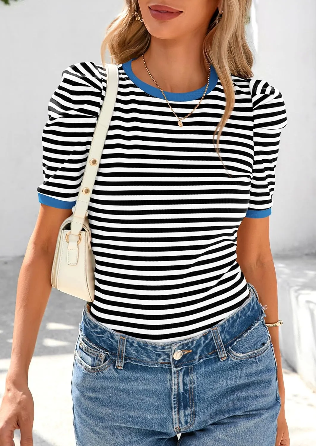 PRETTYGARDEN Women's Summer Puff Sleeve Tops Casual Ribbed Knit Crop Top Color Block Trendy Crewneck Striped Shirts