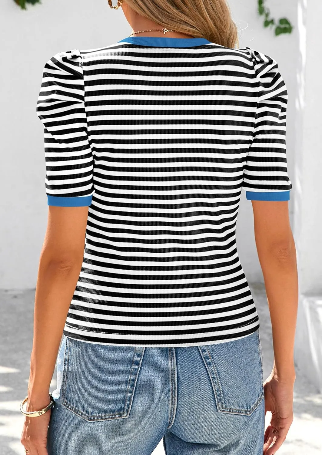PRETTYGARDEN Women's Summer Puff Sleeve Tops Casual Ribbed Knit Crop Top Color Block Trendy Crewneck Striped Shirts