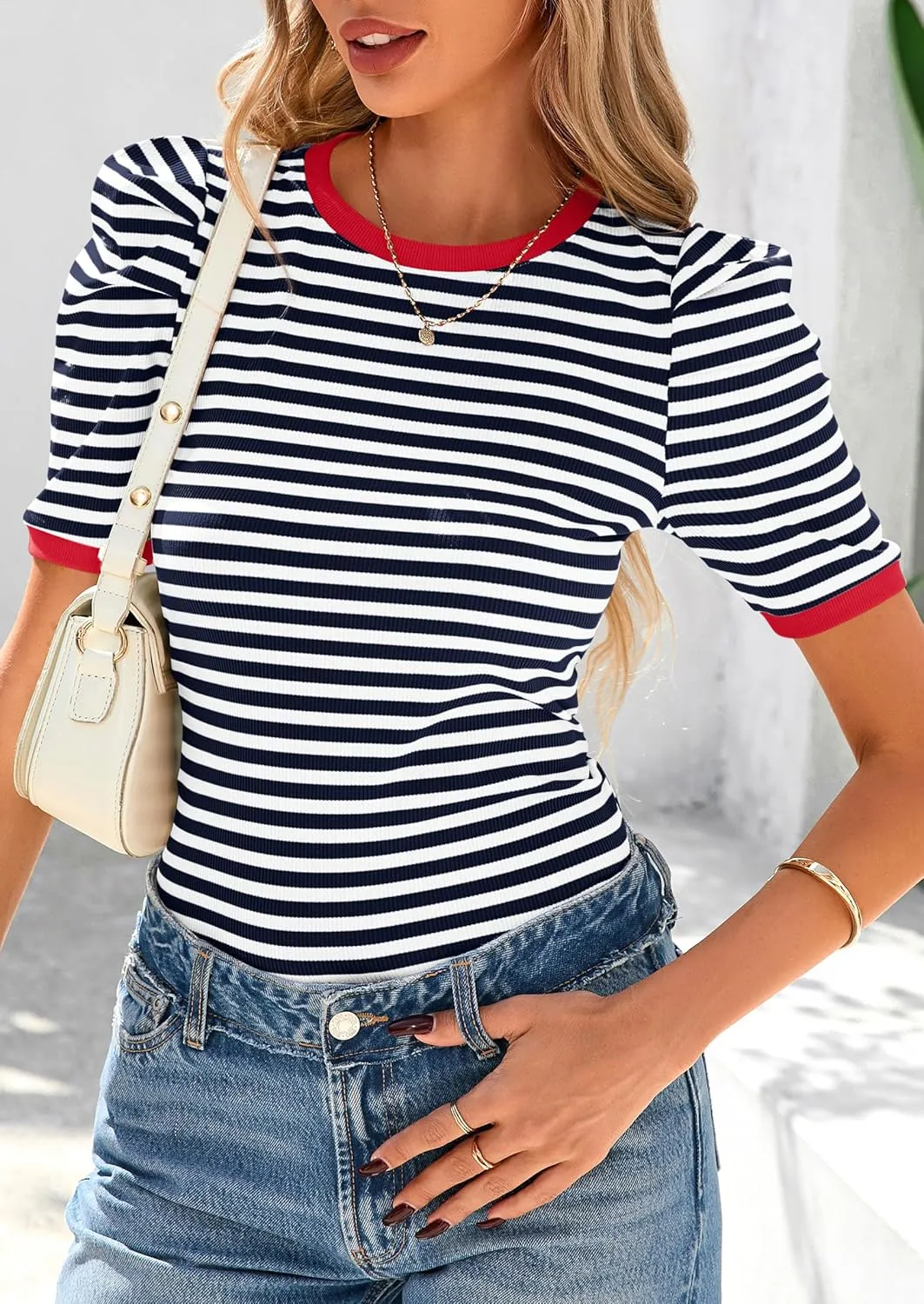 PRETTYGARDEN Women's Summer Puff Sleeve Tops Casual Ribbed Knit Crop Top Color Block Trendy Crewneck Striped Shirts
