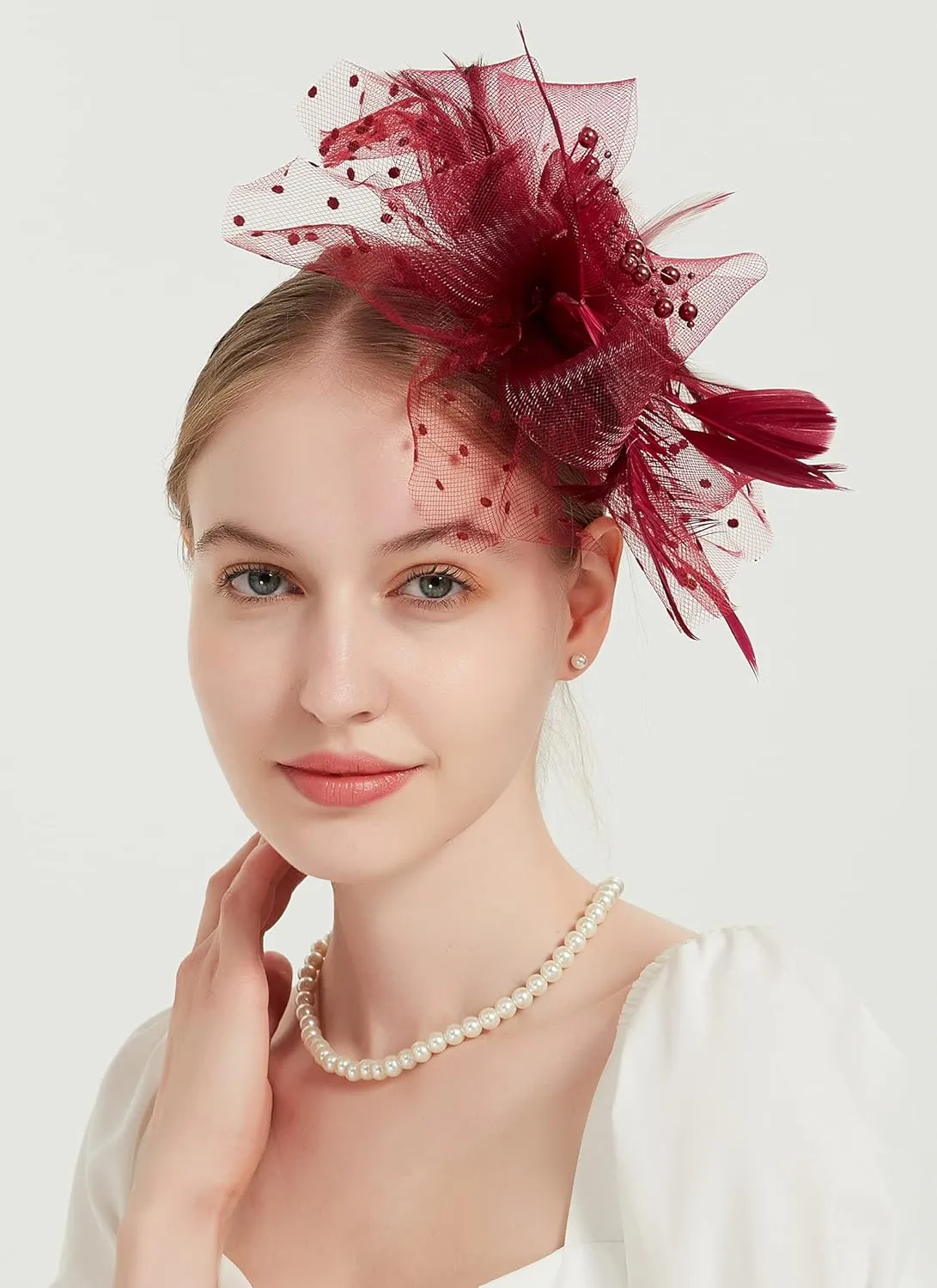 QDC Fascinators for Women Tea Party Headband Hats Cocktail Flower Mesh Feathers Headwear Hair Clip for Wedding