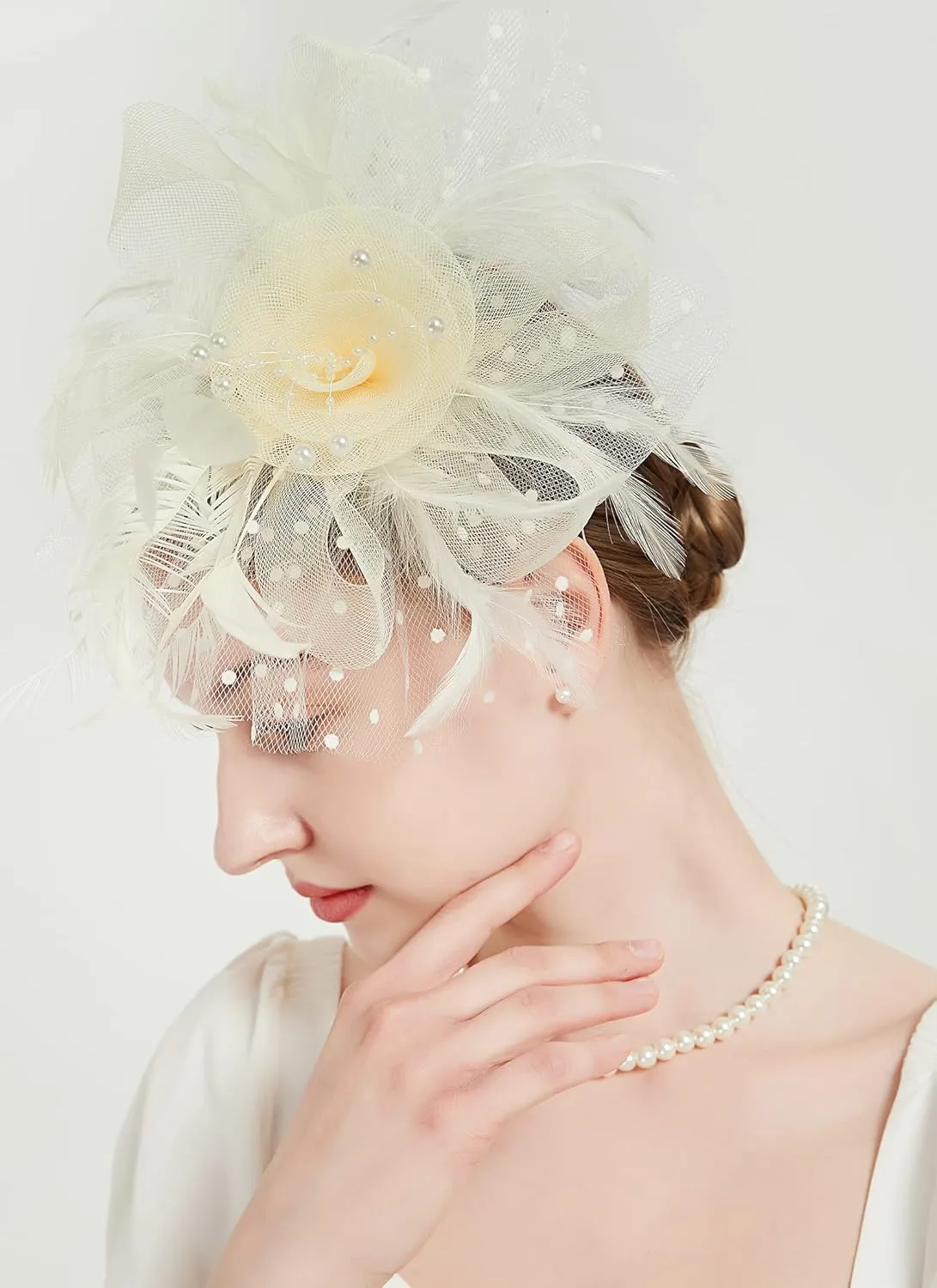 QDC Fascinators for Women Tea Party Headband Hats Cocktail Flower Mesh Feathers Headwear Hair Clip for Wedding