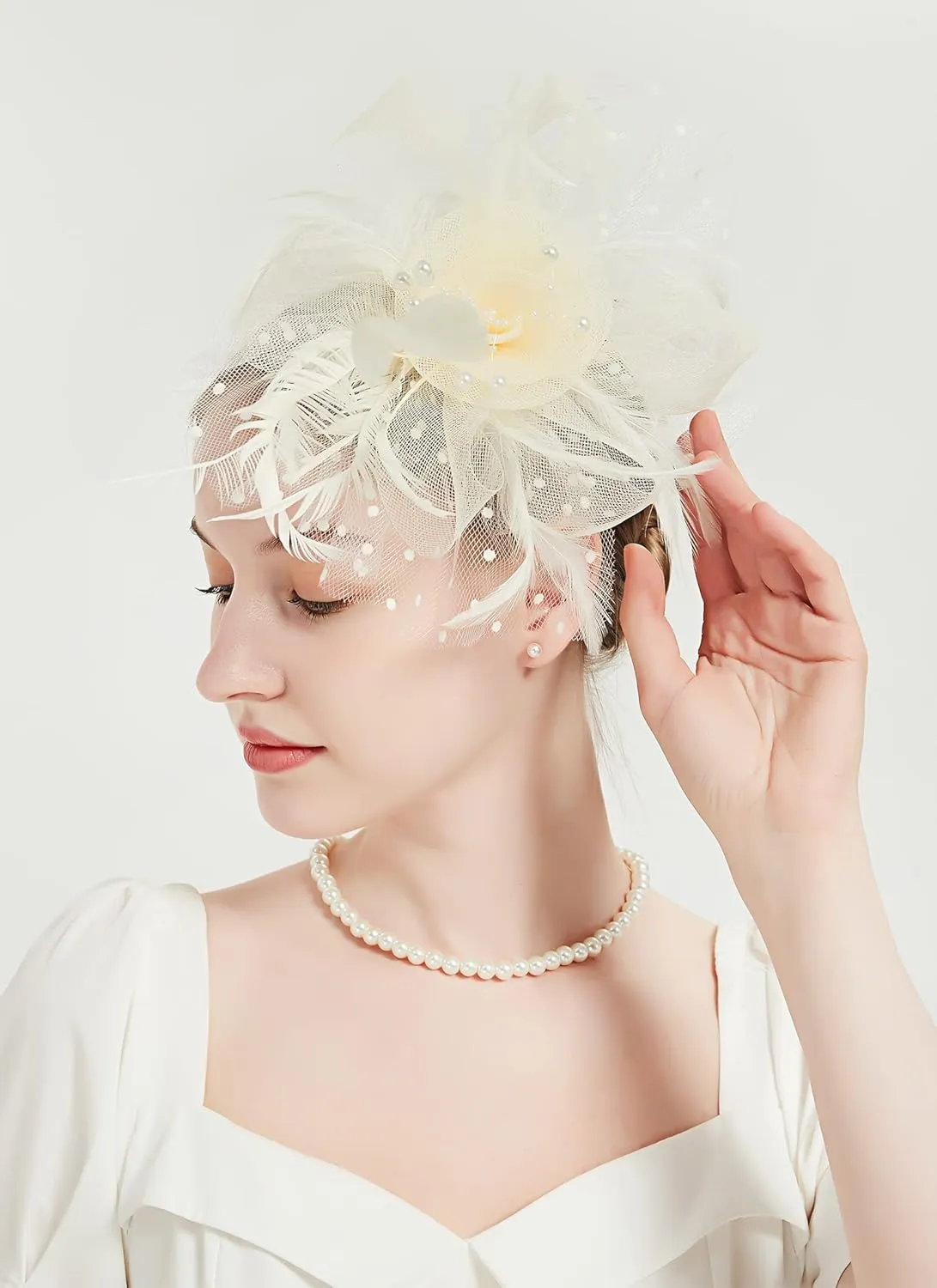 QDC Fascinators for Women Tea Party Headband Hats Cocktail Flower Mesh Feathers Headwear Hair Clip for Wedding