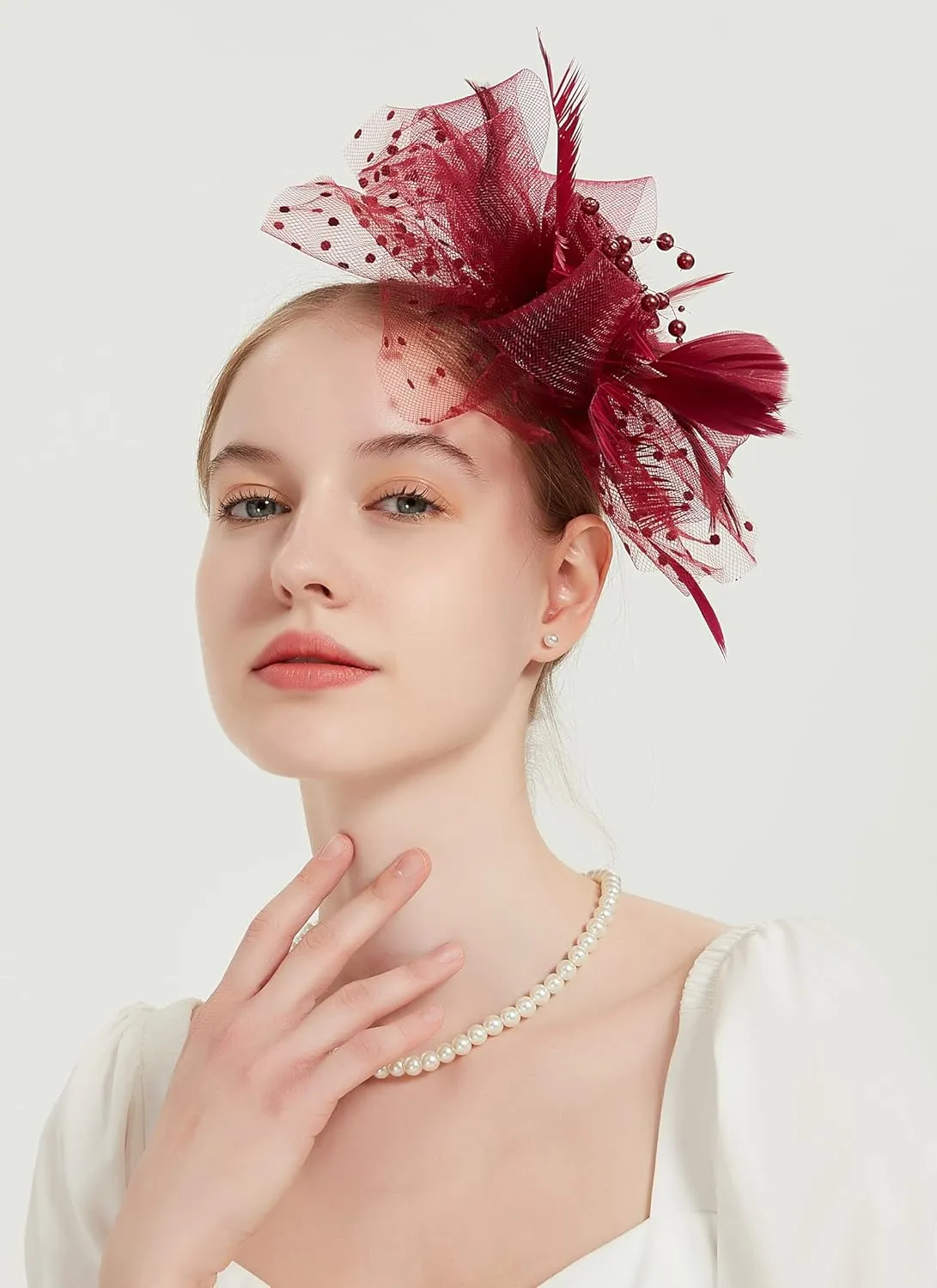 QDC Fascinators for Women Tea Party Headband Hats Cocktail Flower Mesh Feathers Headwear Hair Clip for Wedding