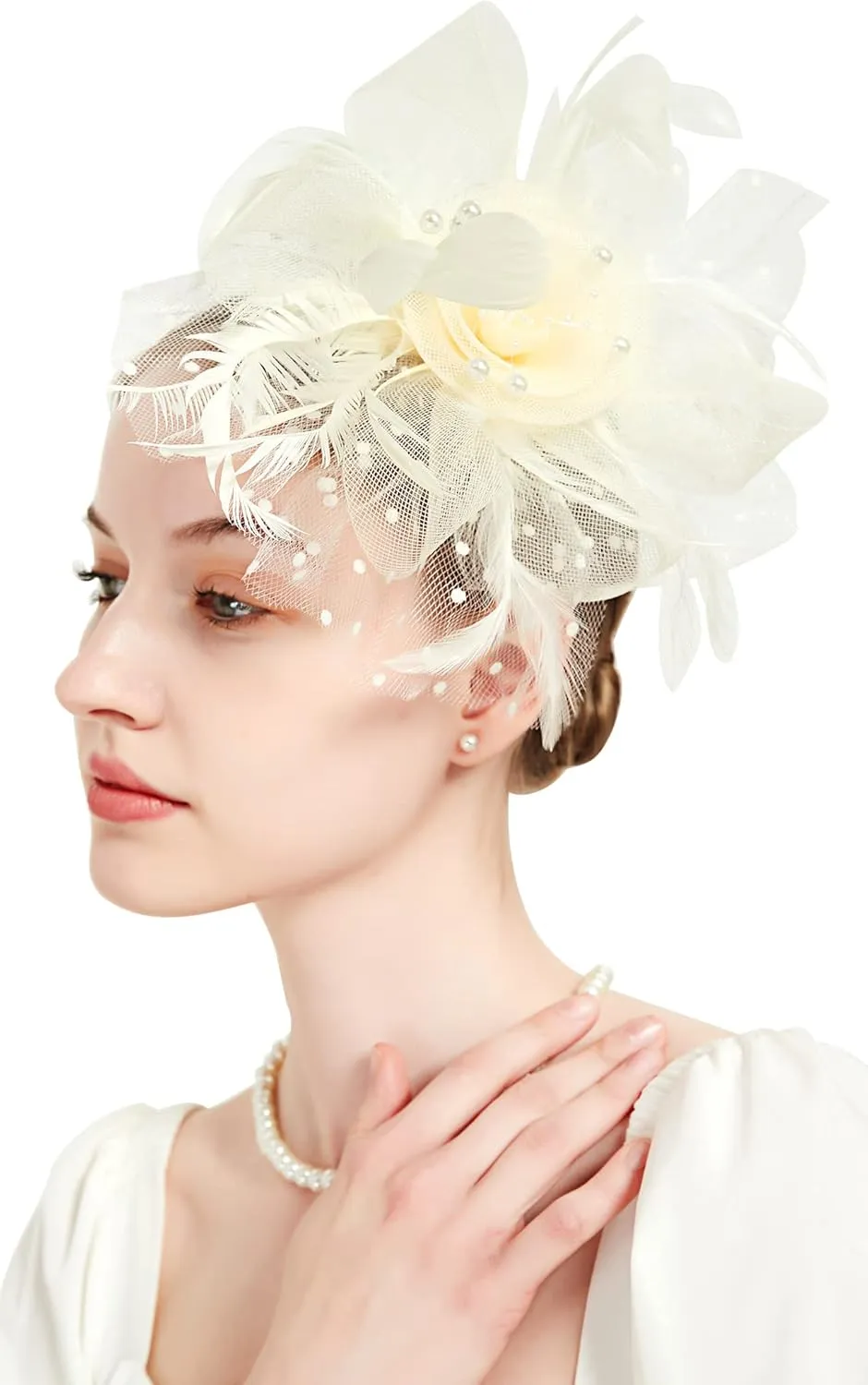 QDC Fascinators for Women Tea Party Headband Hats Cocktail Flower Mesh Feathers Headwear Hair Clip for Wedding