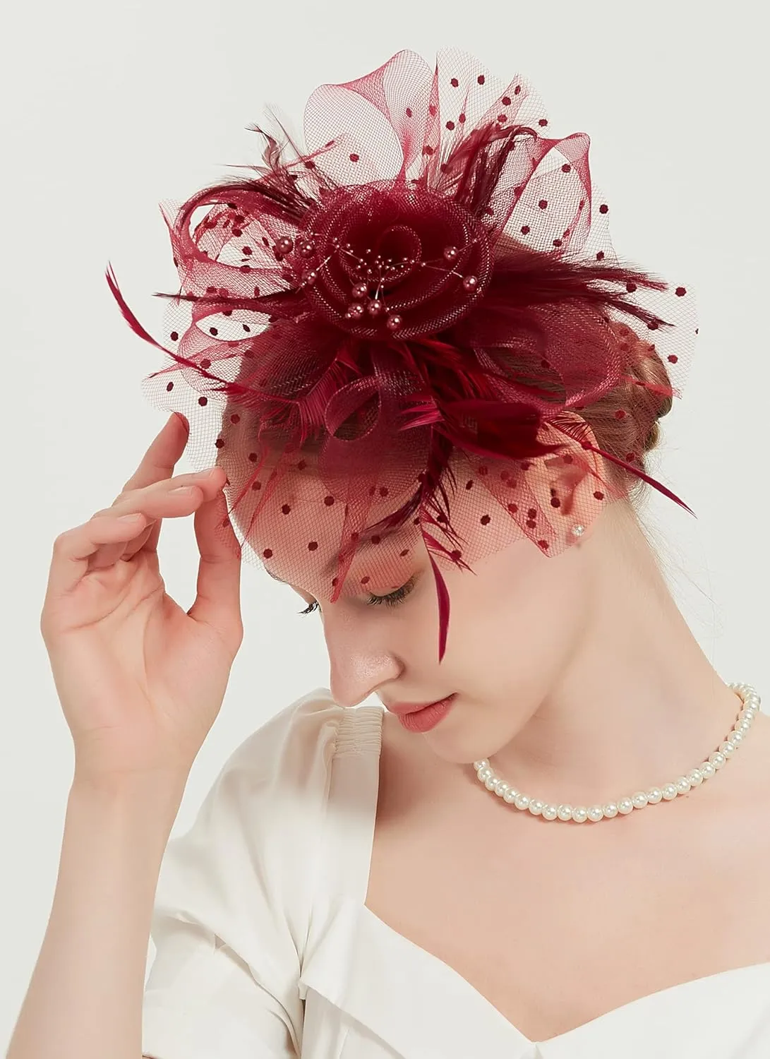 QDC Fascinators for Women Tea Party Headband Hats Cocktail Flower Mesh Feathers Headwear Hair Clip for Wedding