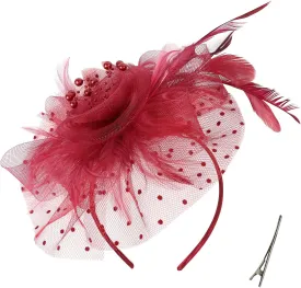 QDC Fascinators for Women Tea Party Headband Hats Cocktail Flower Mesh Feathers Headwear Hair Clip for Wedding