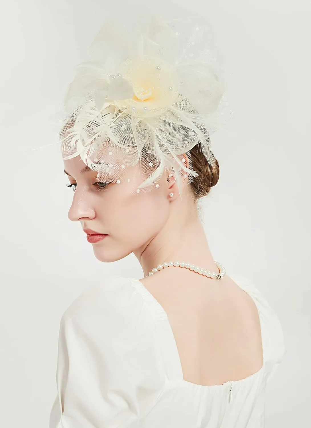 QDC Fascinators for Women Tea Party Headband Hats Cocktail Flower Mesh Feathers Headwear Hair Clip for Wedding