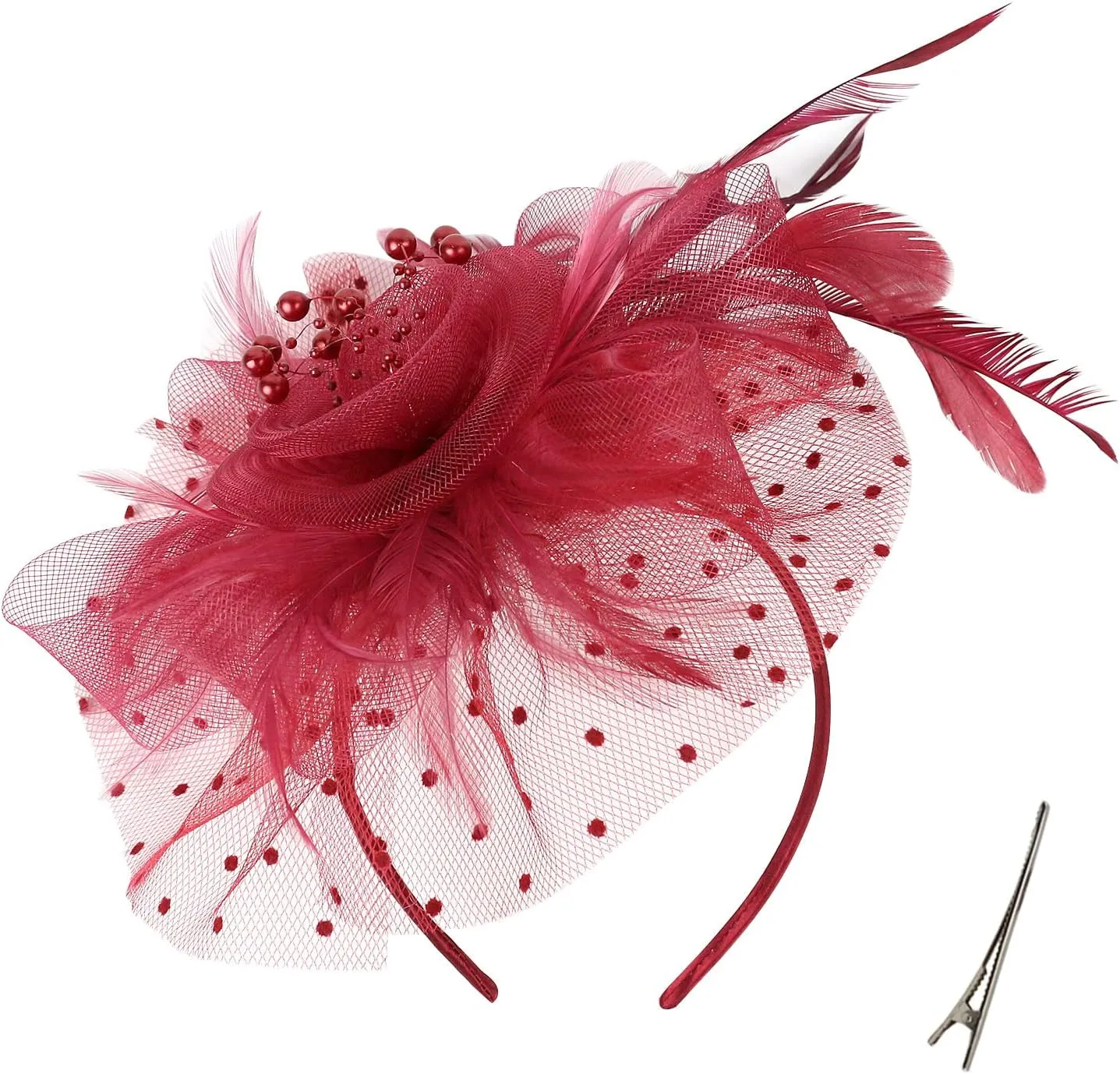 QDC Fascinators for Women Tea Party Headband Hats Cocktail Flower Mesh Feathers Headwear Hair Clip for Wedding