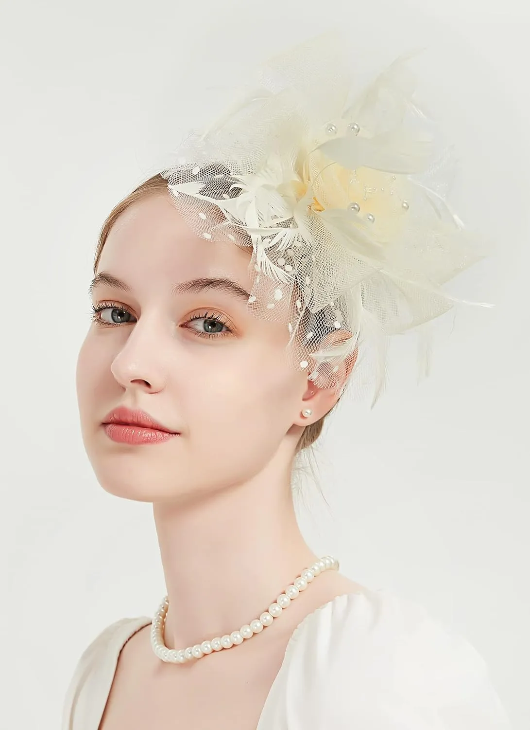 QDC Fascinators for Women Tea Party Headband Hats Cocktail Flower Mesh Feathers Headwear Hair Clip for Wedding