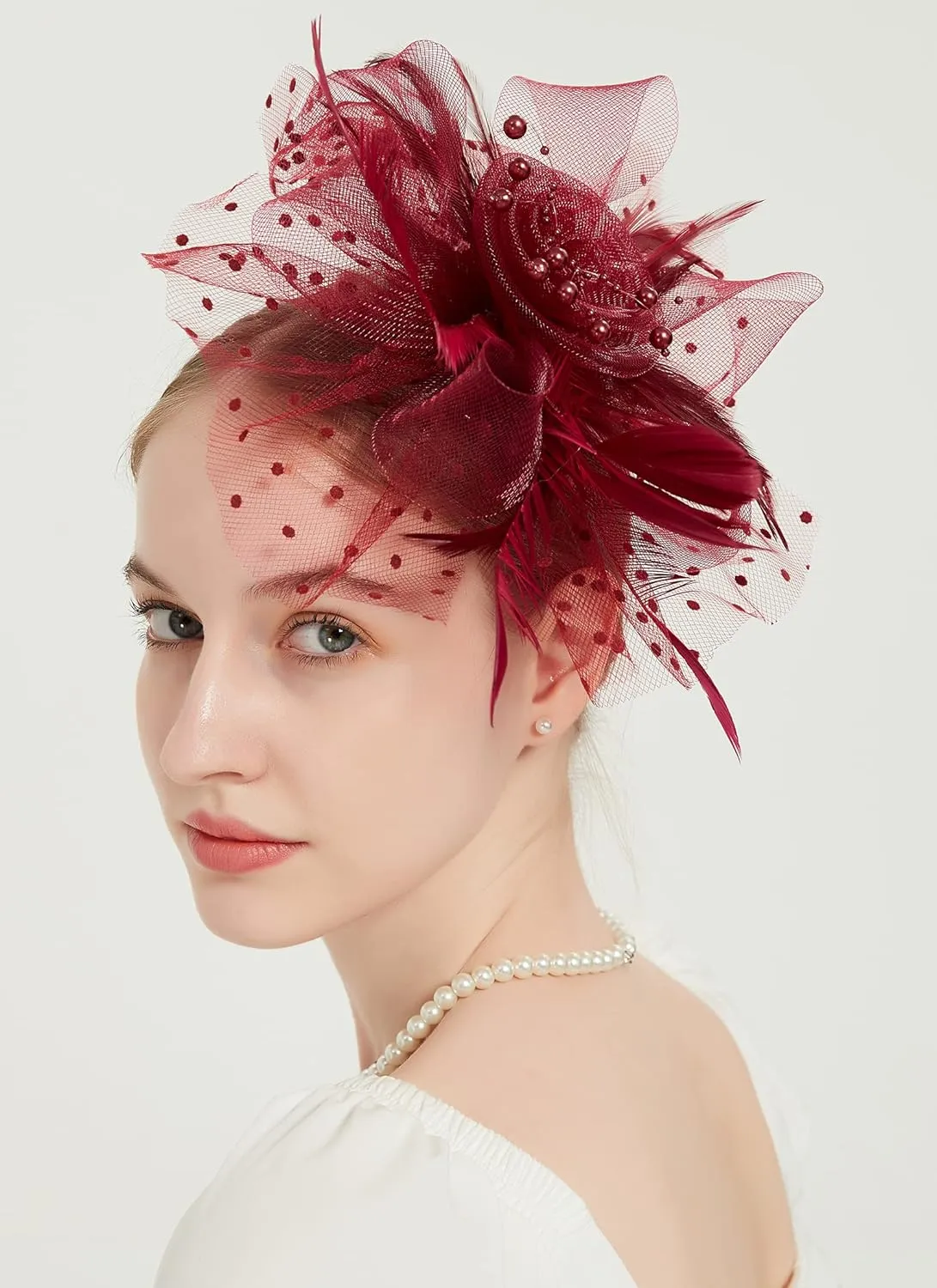 QDC Fascinators for Women Tea Party Headband Hats Cocktail Flower Mesh Feathers Headwear Hair Clip for Wedding