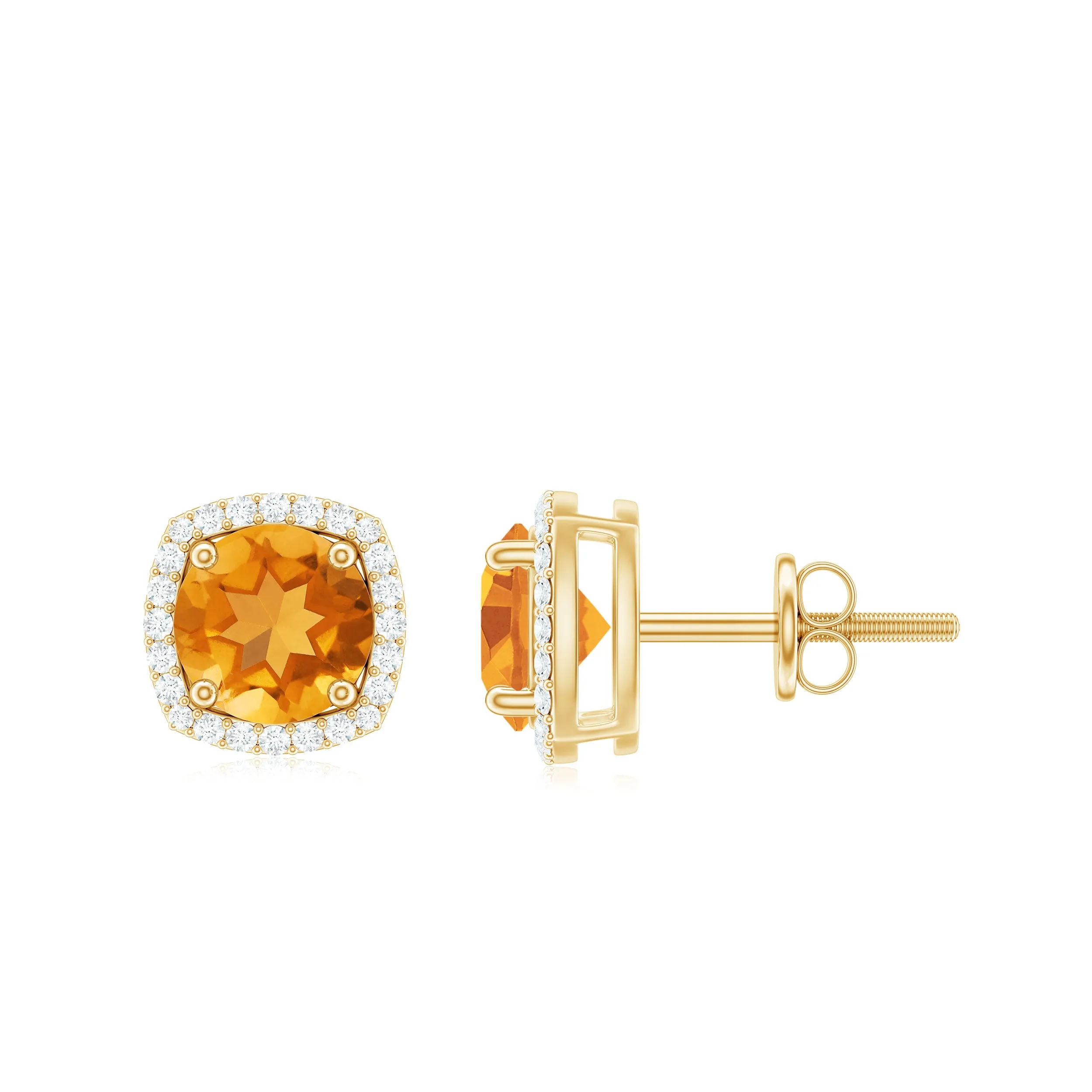 Round Shape Citrine Stud Earrings with Diamond Halo