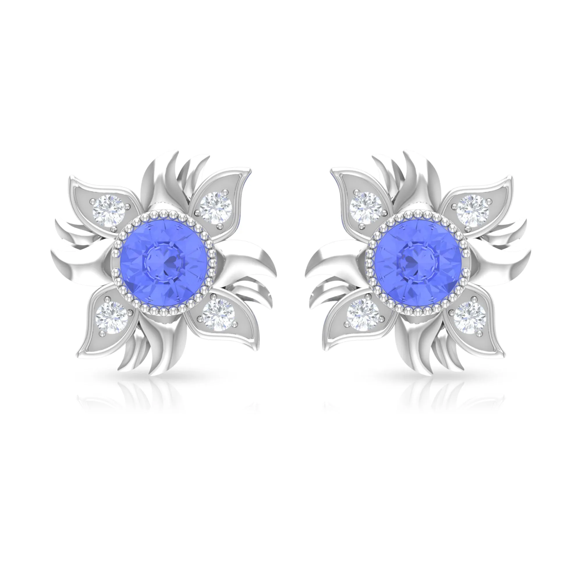 Round Shape Tanzanite and Diamond Sunburst Stud Earrings