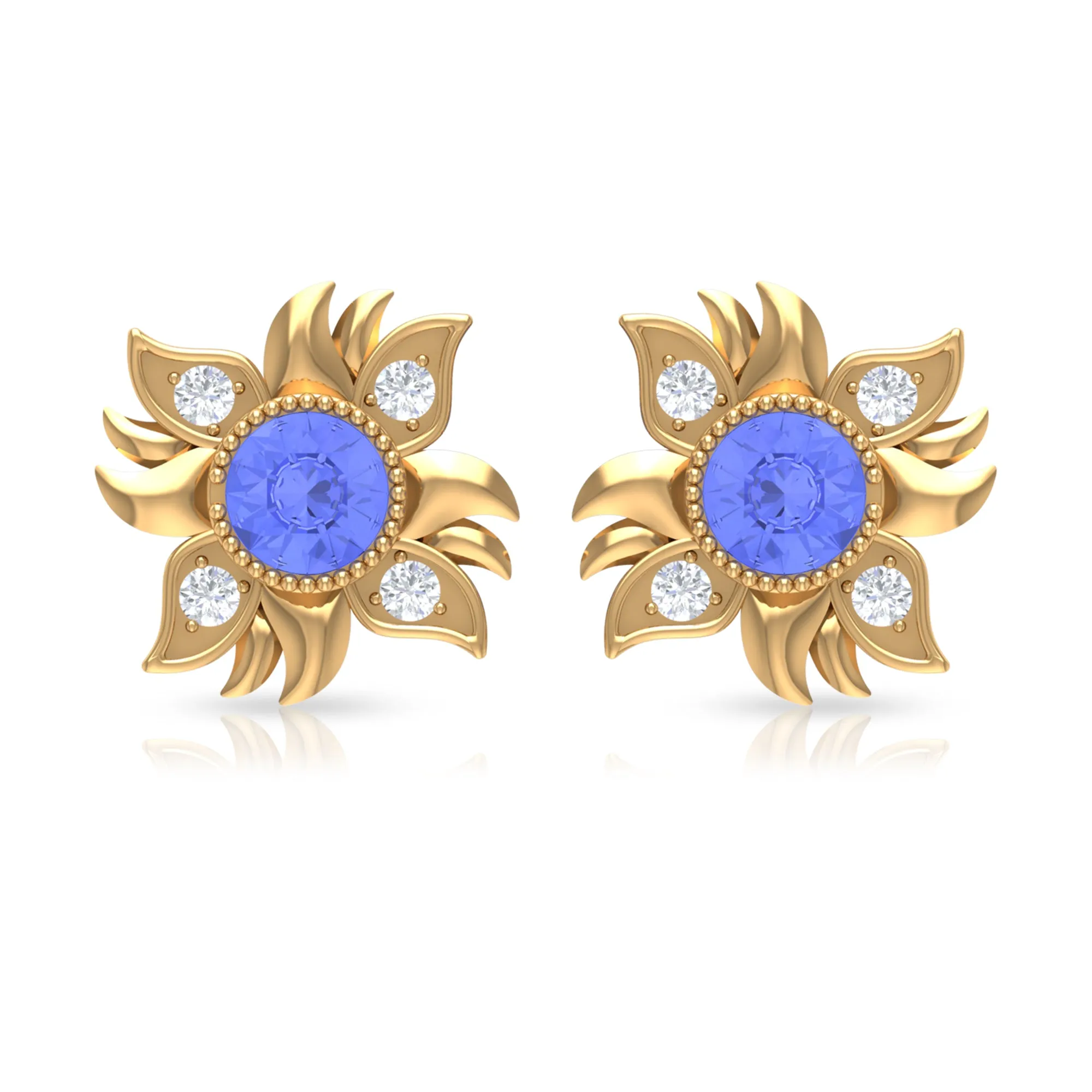 Round Shape Tanzanite and Diamond Sunburst Stud Earrings