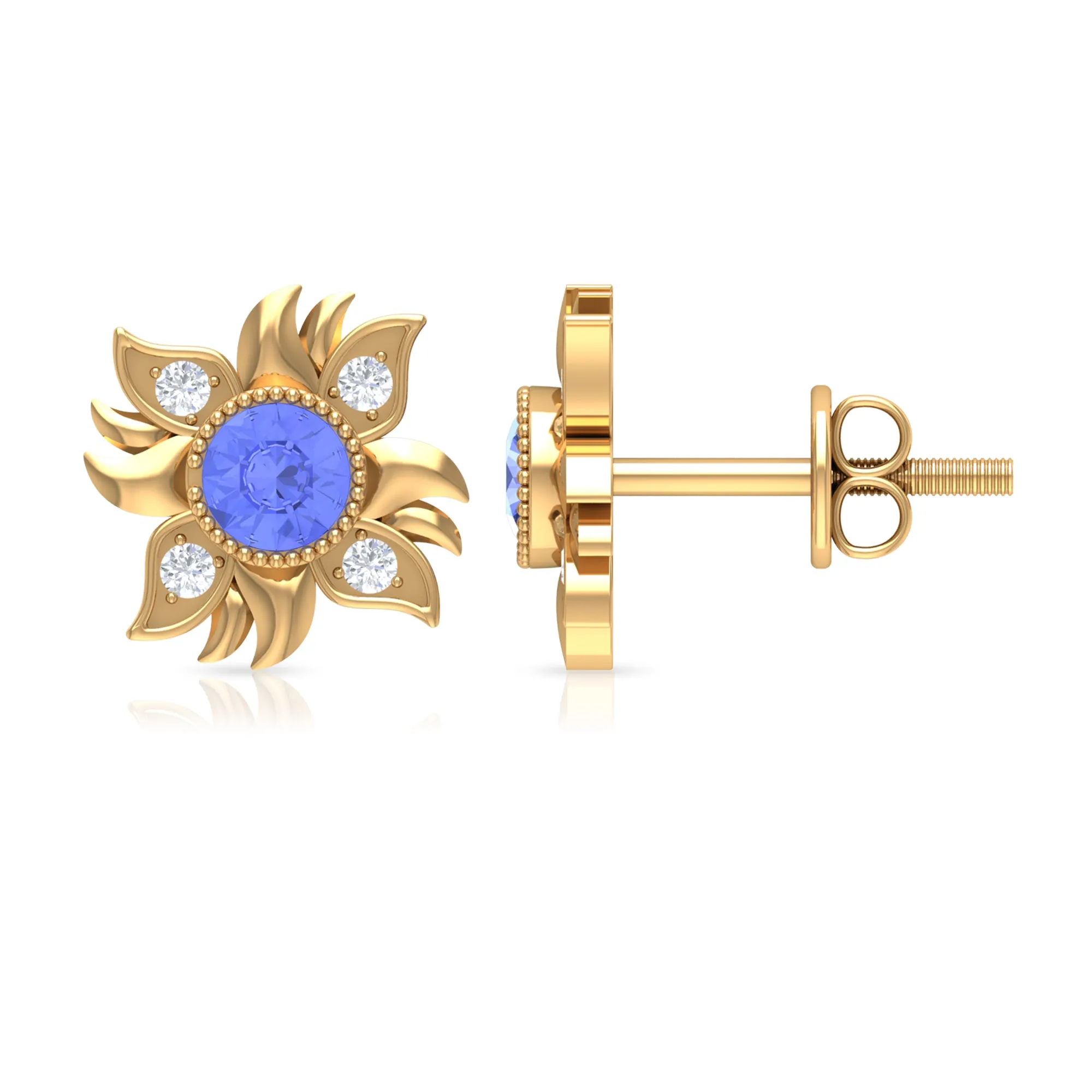 Round Shape Tanzanite and Diamond Sunburst Stud Earrings