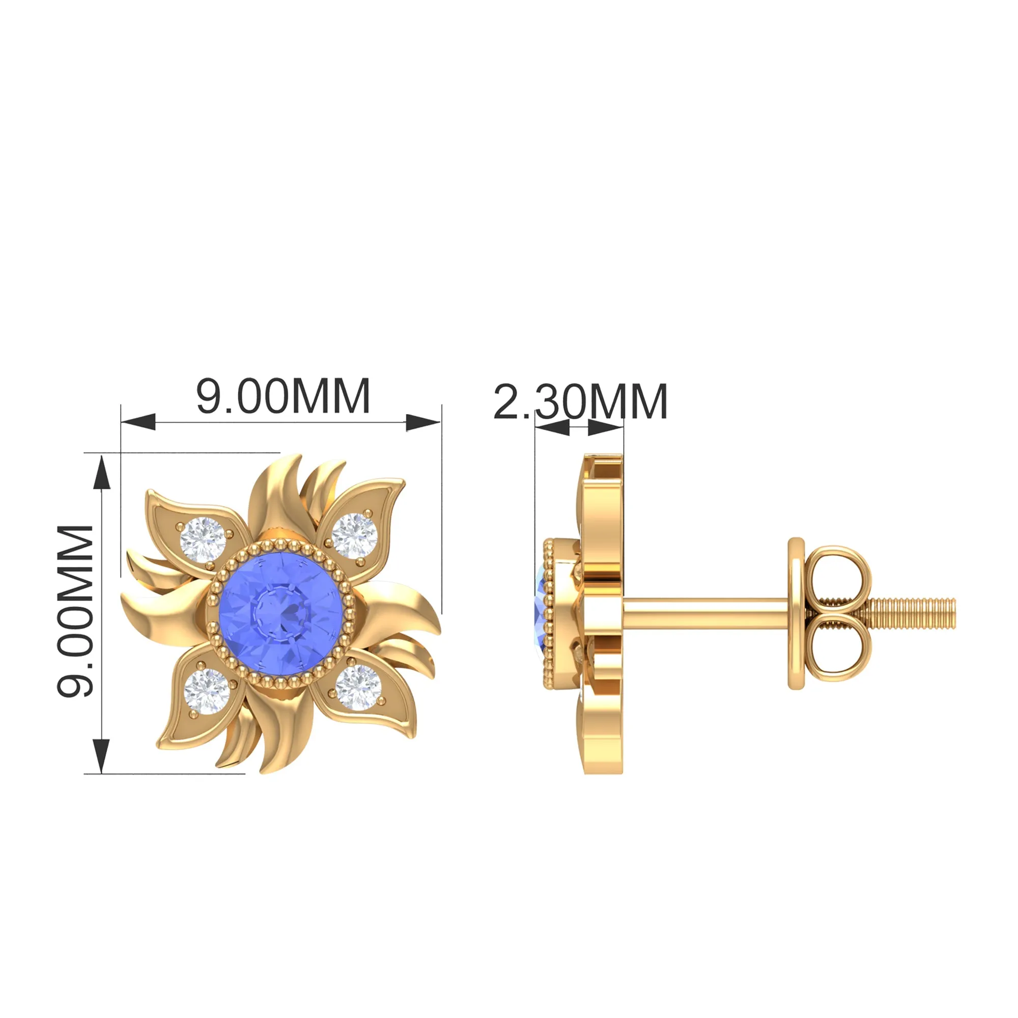 Round Shape Tanzanite and Diamond Sunburst Stud Earrings