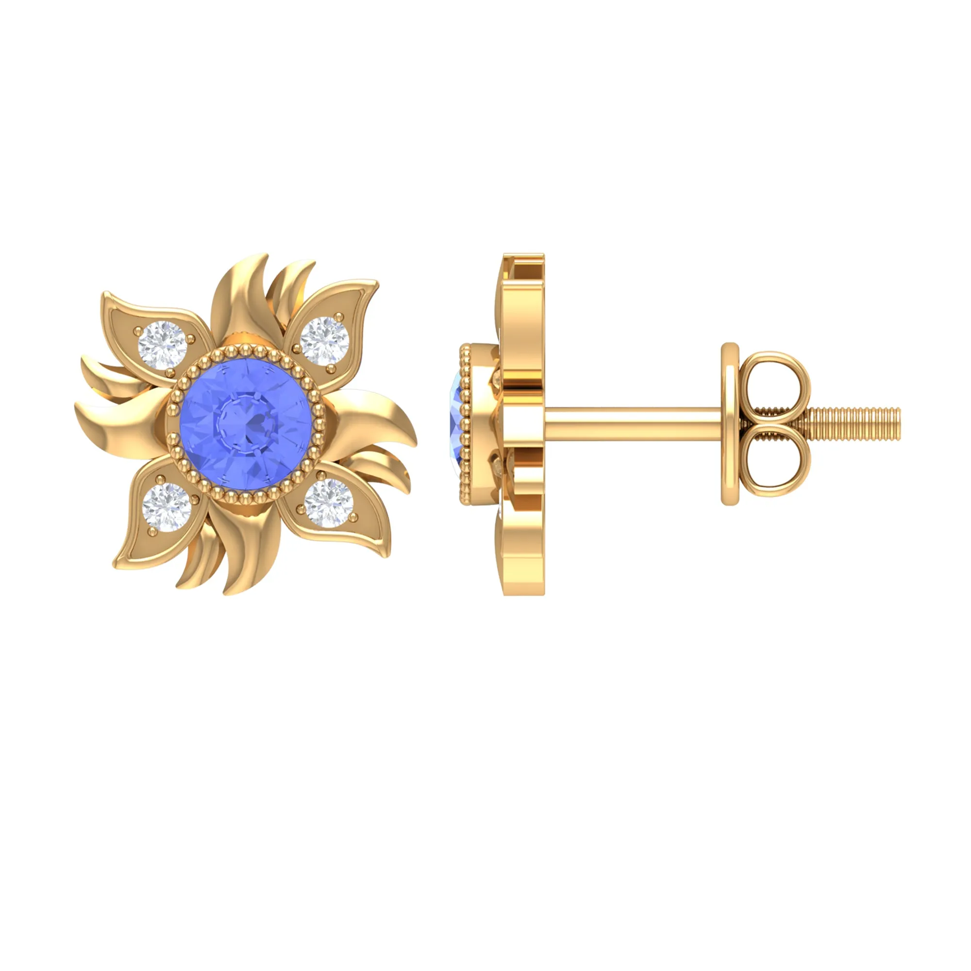 Round Shape Tanzanite and Diamond Sunburst Stud Earrings