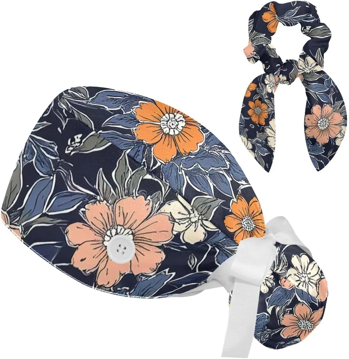 Scrub Caps Women, Surgical Caps with Ponytail Pouch and Buttons, Nurse Bouffant Adjustable, with Bow Hair Scrunchy, Navy Blue Floral Vintage Flowers Japanese Retro