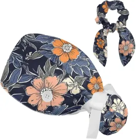 Scrub Caps Women, Surgical Caps with Ponytail Pouch and Buttons, Nurse Bouffant Adjustable, with Bow Hair Scrunchy, Navy Blue Floral Vintage Flowers Japanese Retro