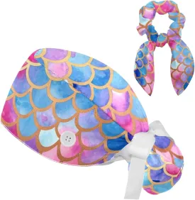 Scrub Caps Women with Button,Adjustable Bouffant Surgical Caps with Ponytail Pouch,Abstract Zebra Stripes Working Cap with Bow